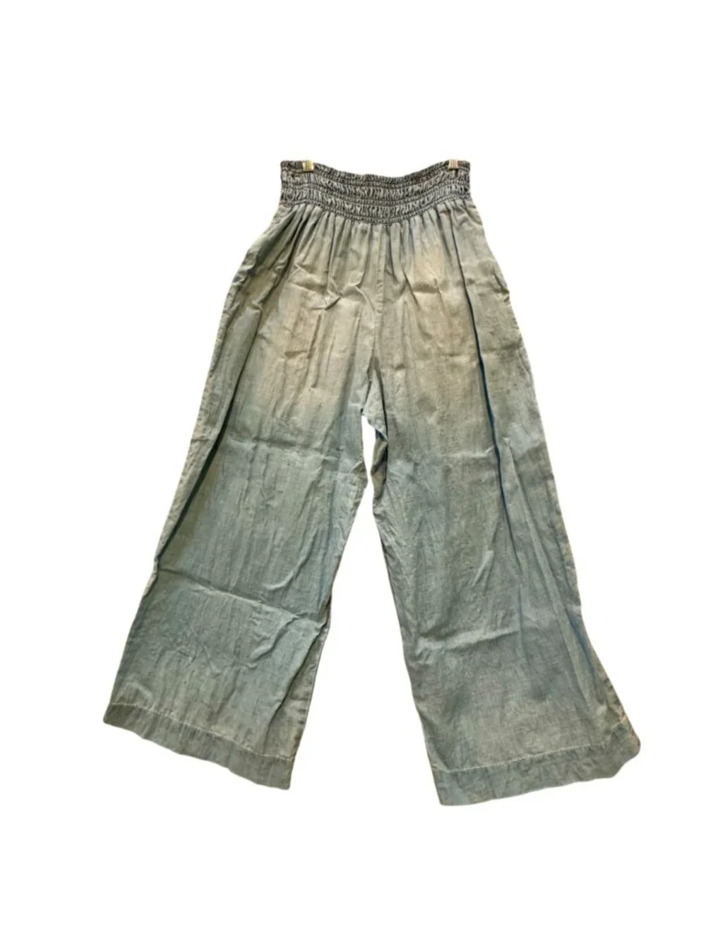 Wide-Leg Linen Women's Pants M Smocked Waist Pull-On Boho Lightly Faded Blue - Picture 3 of 12